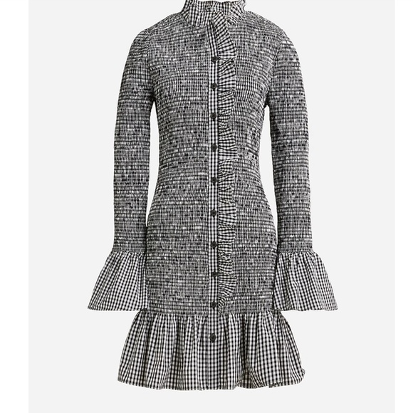 J. Crew Smocked button-up mini dress in gingham plaid Size S black white cotton - Picture 2 of 12